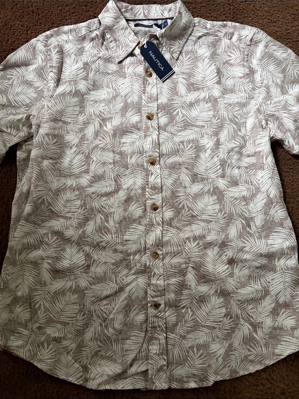 Nautica Beige and White Palm-Print Short-Sleeve Button-Down Shirt